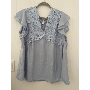 Falechay Swiss Dot Lace Crochet Boho Blouse Light Blue NWT XXL Flutter Sleeve